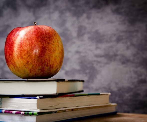 An apple sits on a stack of school books in front of a a mottled grey backdrop